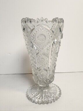 Brunswick Brilliant Cut Glass Vase Hobstar Sawtooth Rim  6 1/2” Tall